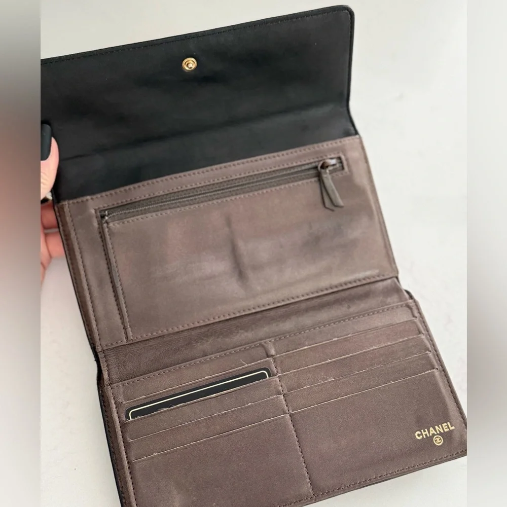 CHANEL Lambskin Embossed Camellia Large Gusset Flap Wallet w/Box, Card and Chain - Picture 7 of 16